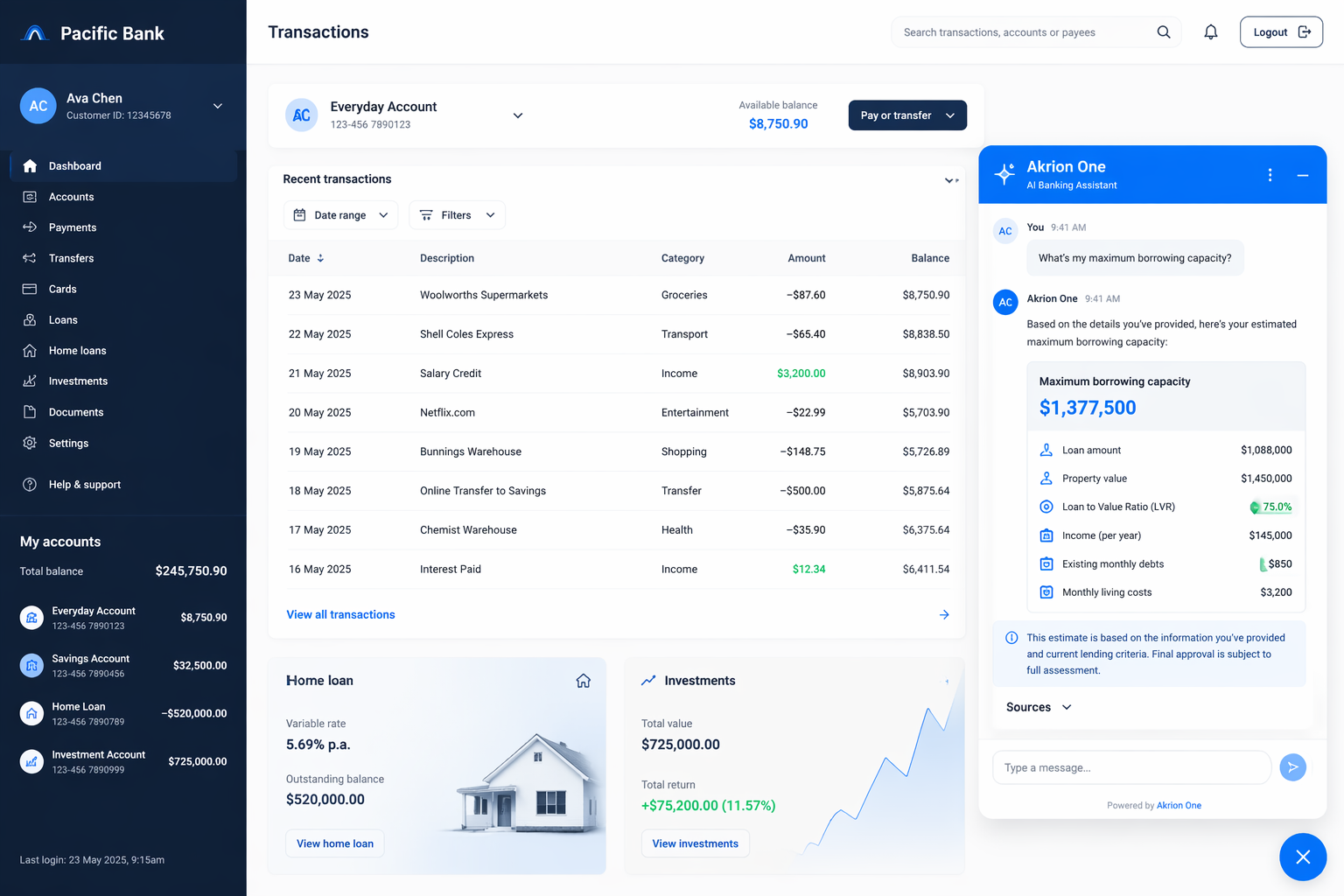 Akrion One chat widget embedded in a bank's online banking portal