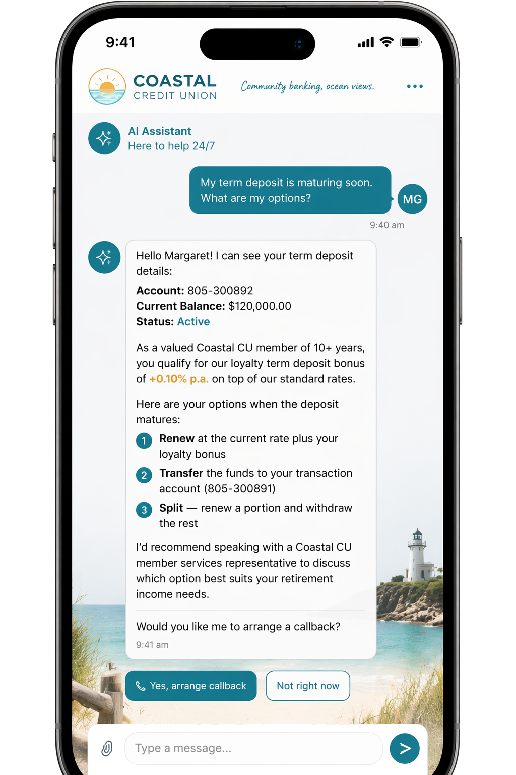 Akrion One AI assistant on a mobile banking app